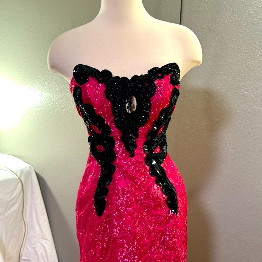 Vintage pink lace gown with black lace, sequins, and beading by Loralie